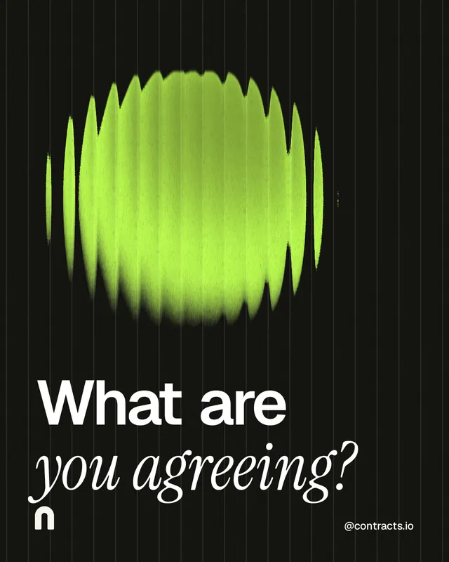 Instagram portrait post for contracts.io: "What are you agreeing?" Auto 4x5 style, technique:shader field layout, dark palette in black, green.