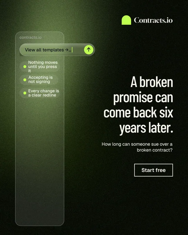 Instagram portrait post for contracts.io: "A broken promise can come back six years later." Dark deco style, right layout, dark palette in green, black.