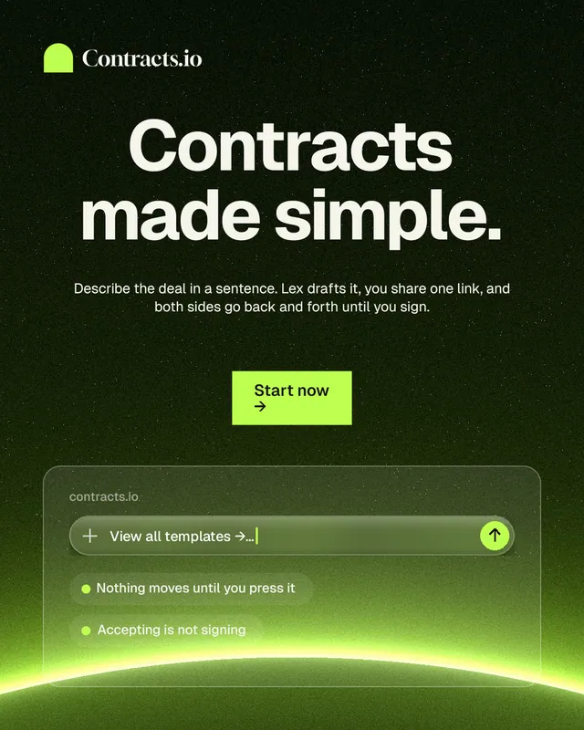 Instagram portrait post for contracts.io: "Contracts made simple." Swiss style, centred layout, dark palette in green, black.