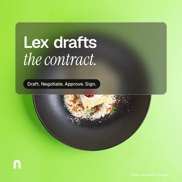 Instagram post for contracts.io: "Lex drafts the contract." Glass style, technique:pexels ingredient layout, light palette in green, black.