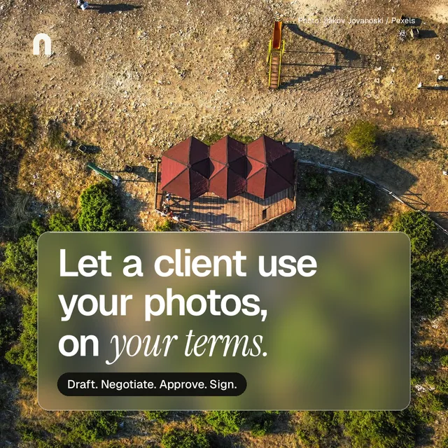 Instagram post for contracts.io: "Let a client use your photos, on your terms." Glass style, technique:pexels ingredient layout, dark palette in yellow, black, brown.
