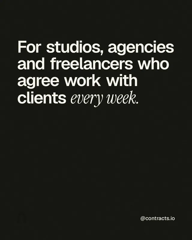 Instagram portrait post for contracts.io: "For studios, agencies and freelancers who agree work with clients every week." Editorial style, technique:mixed type lockup layout, dark palette in black, grey.
