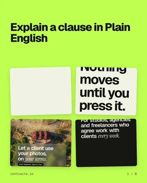 Carousel for contracts.io: "Explain a clause in Plain English". Collection carousel, 8 slides, light palette.