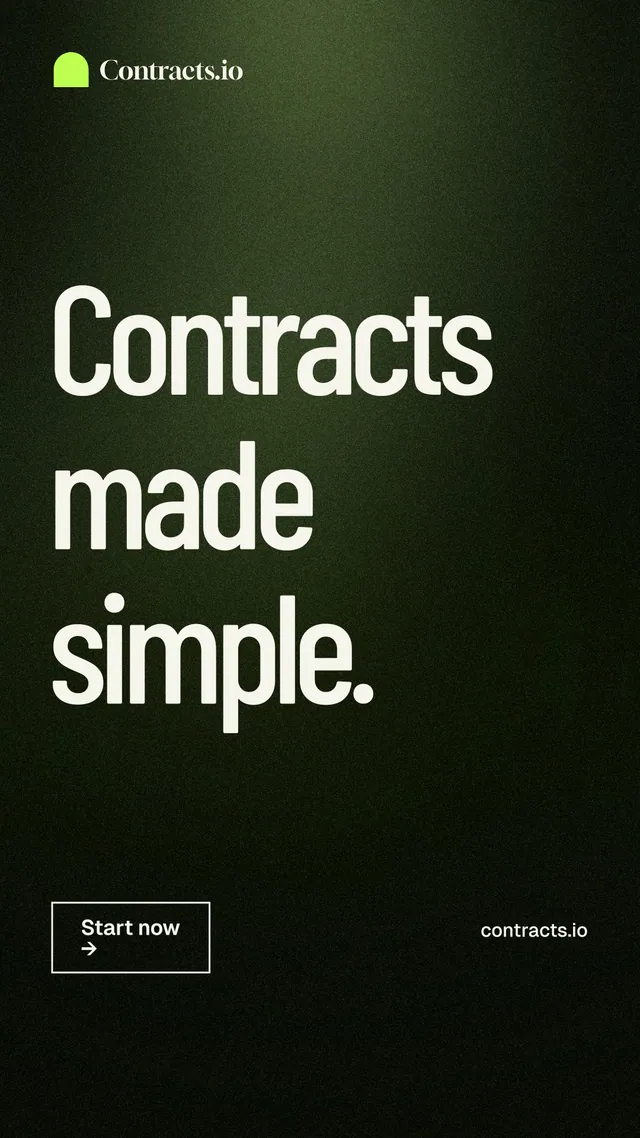 Instagram story for contracts.io: "Contracts made simple." Dark deco style, poster layout, dark palette in black, green, grey.