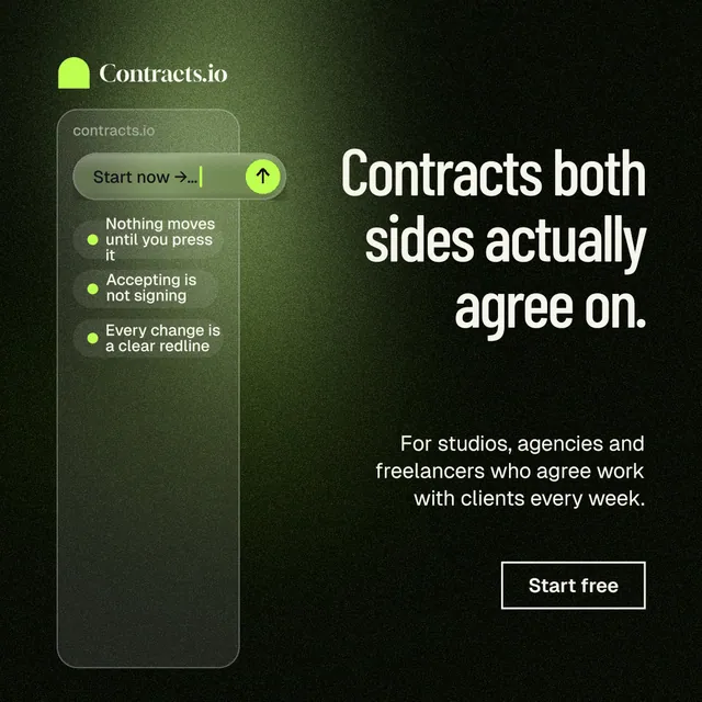 Instagram post for contracts.io: "Contracts both sides actually agree on." Dark deco style, right layout, dark palette in green, black, grey.
