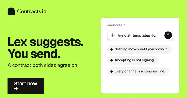 Social ad for contracts.io: "Lex suggests. You send." Swiss style, bottom layout, light palette in green, white.
