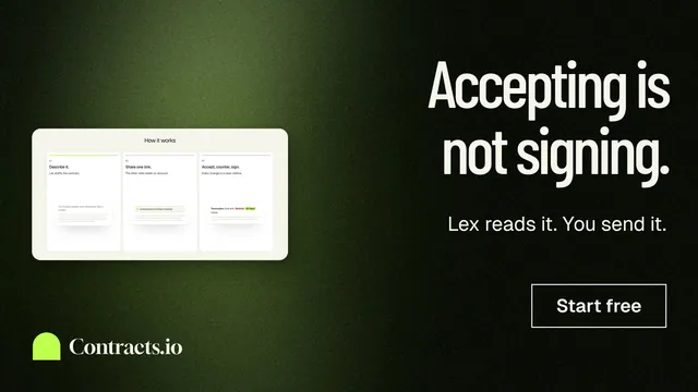 Landscape graphic for contracts.io: "Accepting is not signing." Dark deco style, right layout, dark palette in green, black, grey.