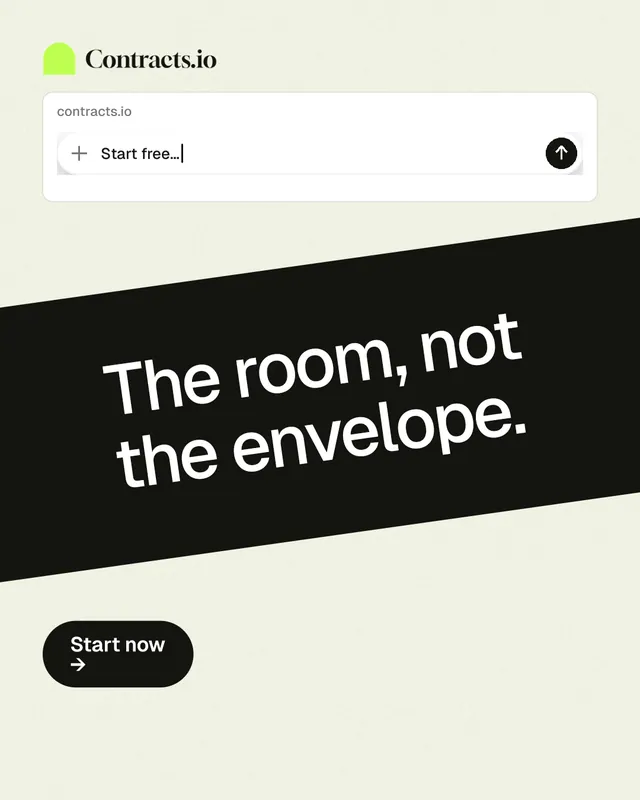 Instagram portrait post for contracts.io: "The room, not the envelope." Data card style, diagonal layout, light palette in white, black, green.