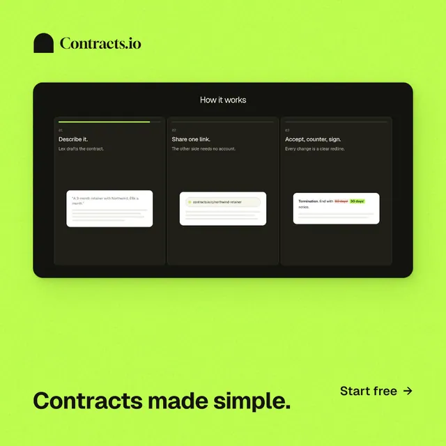 Instagram post for contracts.io: "Contracts made simple." Swiss style, image led layout, light palette in green, black.