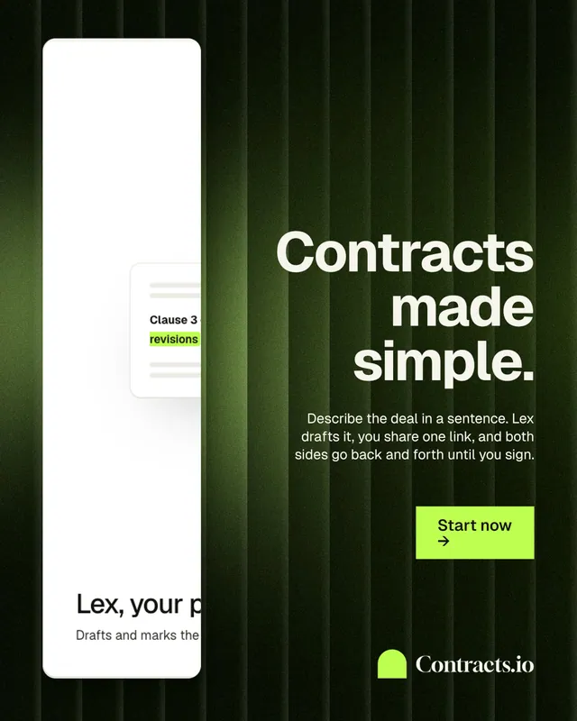 Instagram portrait post for contracts.io: "Contracts made simple." Swiss style, right layout, dark palette in white, black, green.