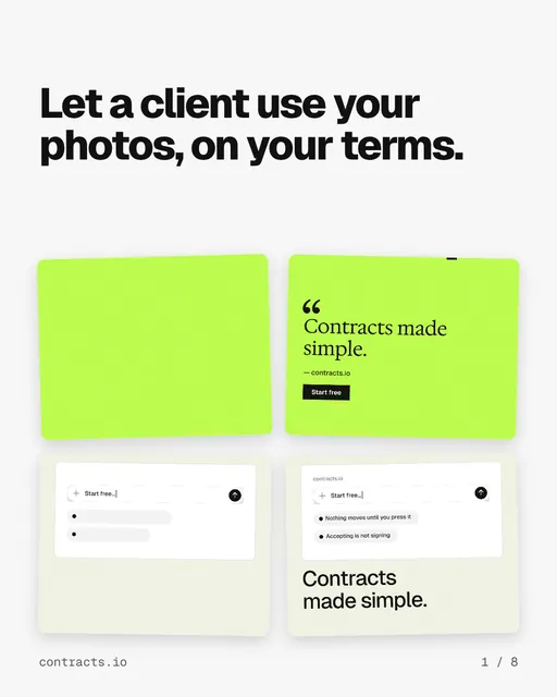 Carousel for contracts.io: "Let a client use your photos, on your terms.". Collection carousel, 8 slides, light palette.