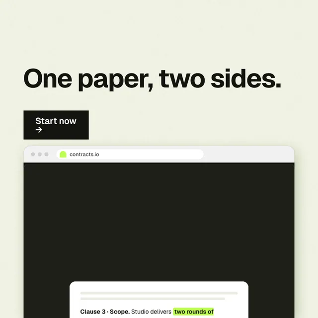 Instagram post for contracts.io: "One paper, two sides." Swiss style, browser layout, light palette in yellow, black, white.