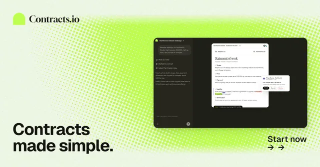 Social ad for contracts.io: "Contracts made simple." Swiss style, image led layout, light palette in white, green, black.