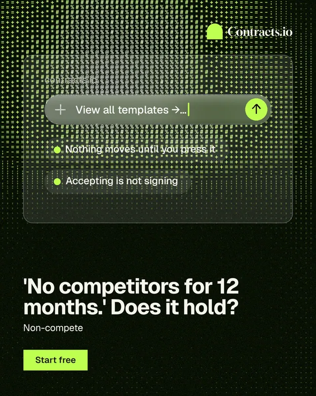 Instagram portrait post for contracts.io: "'No competitors for 12 months.' Does it hold?" Swiss style, bottom layout, dark palette in black, green, grey.