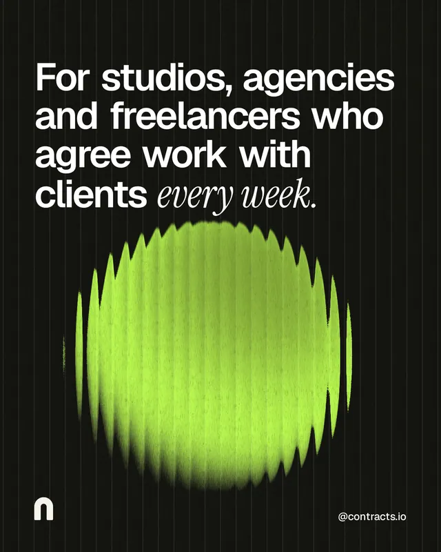 Instagram portrait post for contracts.io: "For studios, agencies and freelancers who agree work with clients every week." Auto 4x5 style, technique:shader field layout, dark palette in green, black.
