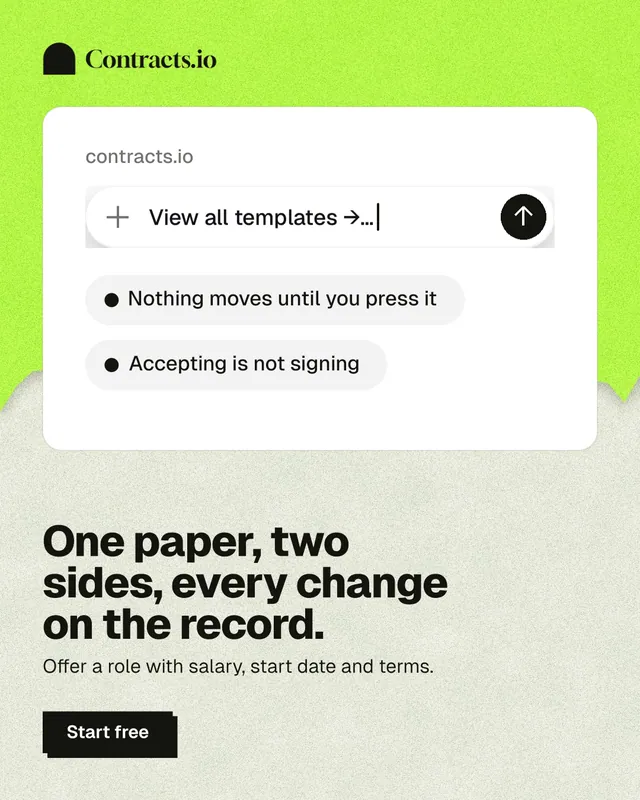 Instagram portrait post for contracts.io: "One paper, two sides, every change on the record." Paper trio style, bottom layout, light palette in white, green, grey.