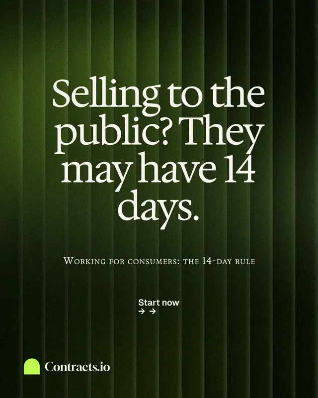 Instagram portrait post for contracts.io: "Selling to the public? They may have 14 days." Swiss style, smallcaps layout, dark palette in green, black.