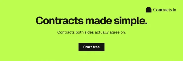 X header for contracts.io: "Contracts made simple." Swiss style, centred layout, light palette in green.