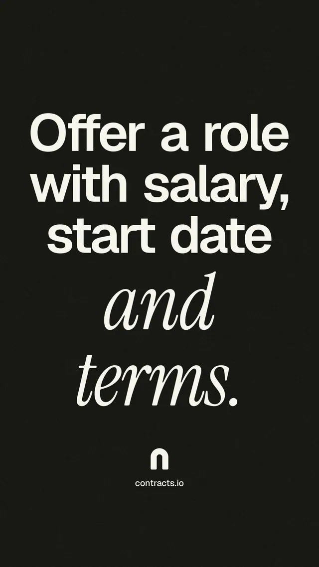 Instagram story for contracts.io: "Offer a role with salary, start date and terms." Poster style, technique:mixed type lockup layout, dark palette in black, grey.