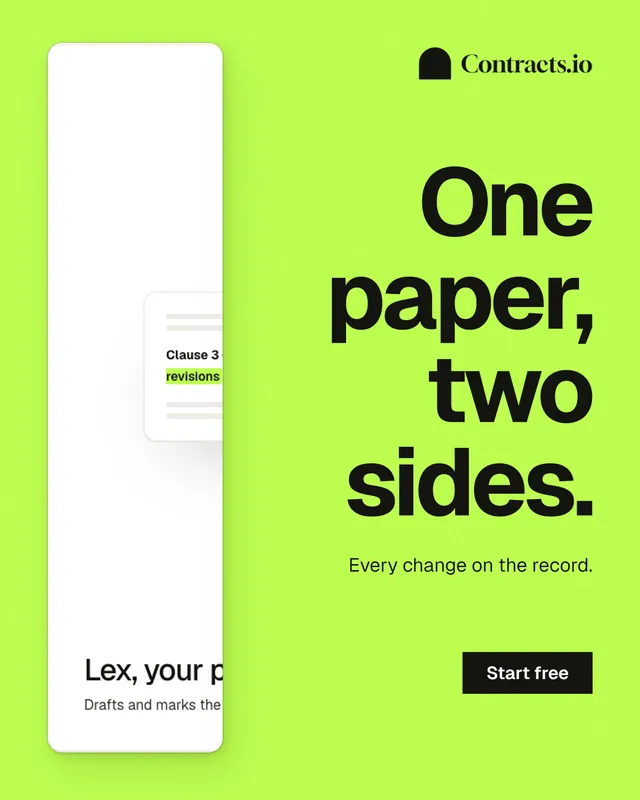 Instagram portrait post for contracts.io: "One paper, two sides." Swiss style, right layout, light palette in green.