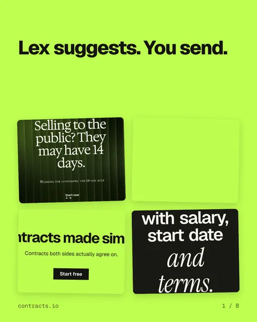 Carousel for contracts.io: "Lex suggests. You send.". Collection carousel, 8 slides, light palette.