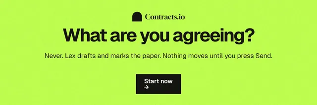 X header for contracts.io: "What are you agreeing?" Swiss style, centred layout, light palette in green.