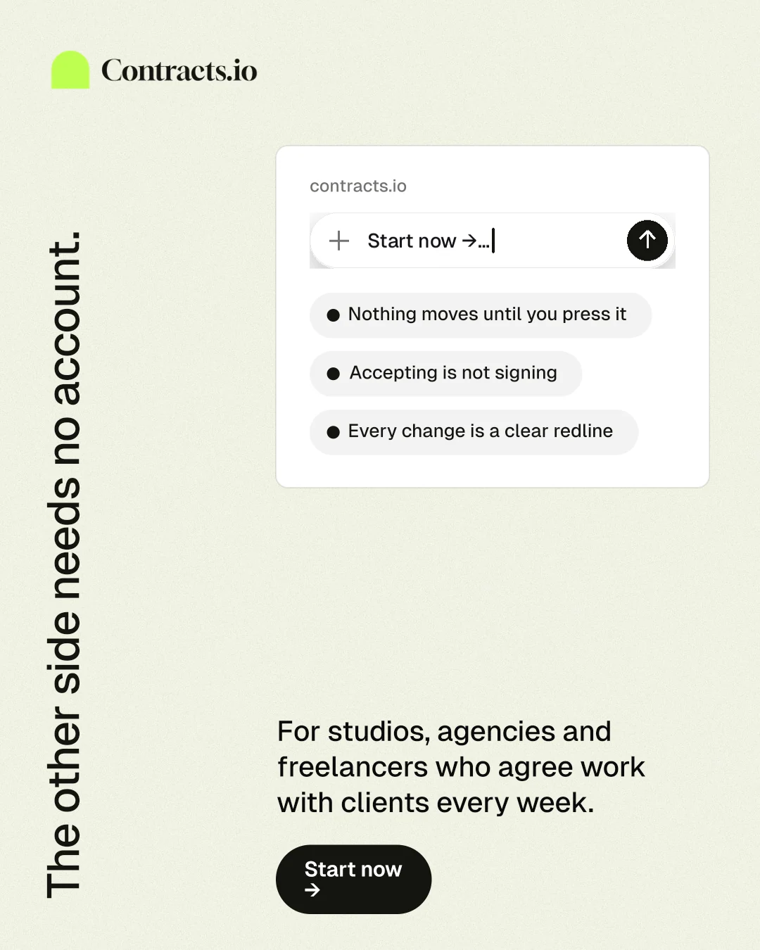Instagram portrait post for contracts.io: "The other side needs no account." Data card style, vertical layout, light palette in white.