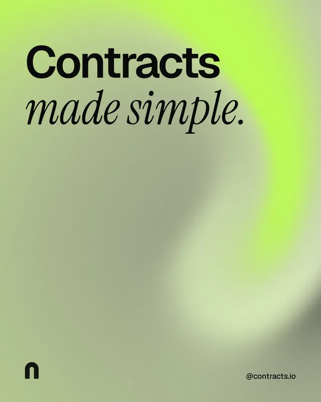 Instagram portrait post for contracts.io: "Contracts made simple." Auto 4x5 style, technique:shader field layout, light palette in green, grey.
