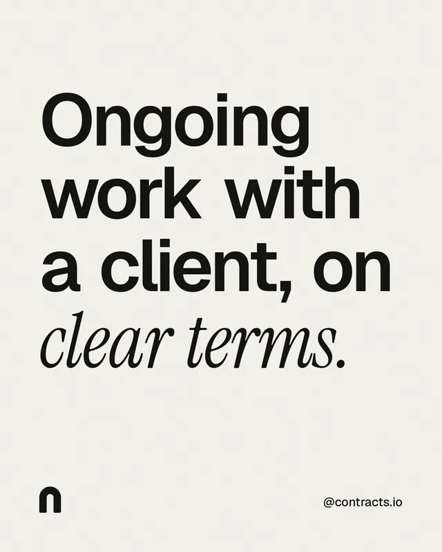 Instagram portrait post for contracts.io: "Ongoing work with a client, on clear terms." Editorial style, technique:mixed type lockup layout, light palette in white, grey.