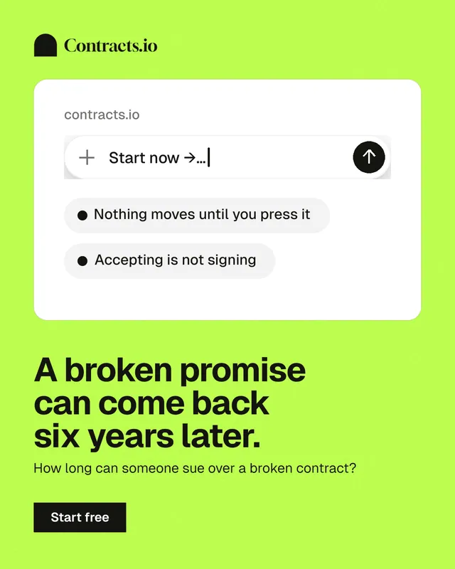 Instagram portrait post for contracts.io: "A broken promise can come back six years later." Swiss style, bottom layout, light palette in white, green.