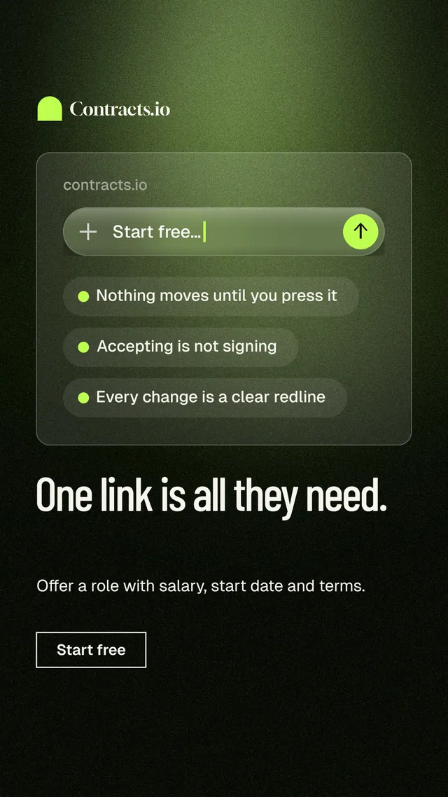 Instagram story for contracts.io: "One link is all they need." Dark deco style, bottom layout, dark palette in black, green.
