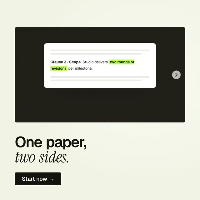 Video for contracts.io: "One paper, two sides.". Doc motion loop, 7.0 s, light palette.