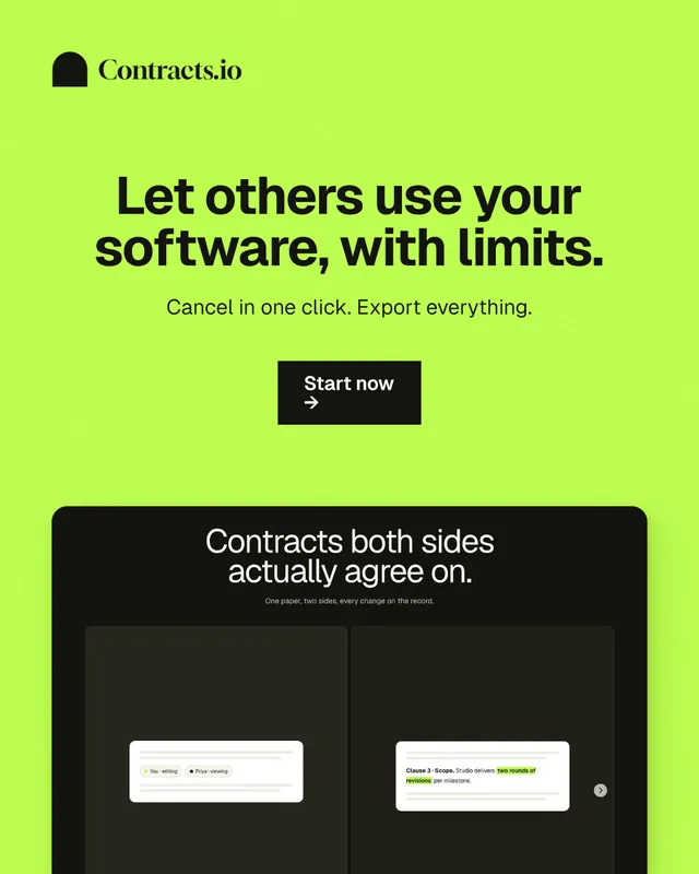 Instagram portrait post for contracts.io: "Let others use your software, with limits." Swiss style, centred layout, light palette in black, green.