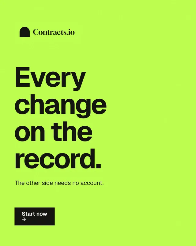Instagram portrait post for contracts.io: "Every change on the record." Swiss style, announce layout, light palette in green.