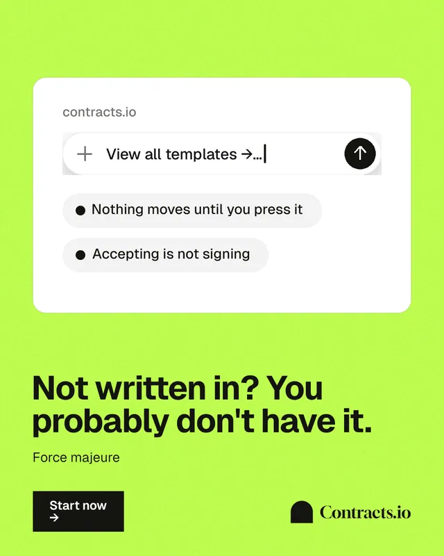 Instagram portrait post for contracts.io: "Not written in? You probably don't have it." Swiss style, bottom layout, light palette in green, white.