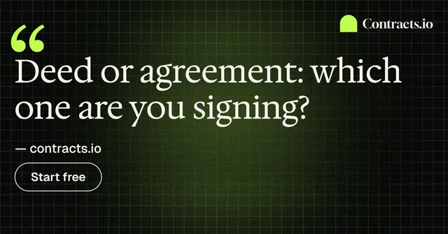 Social ad for contracts.io: "Deed or agreement: which one are you signing?" Phosphor atlas style, quote layout, dark palette in black, grey.