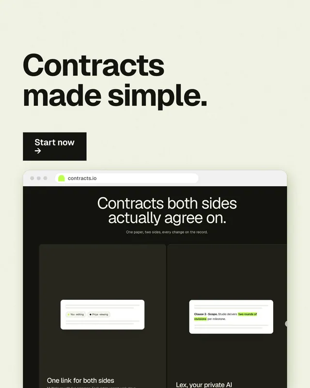 Instagram portrait post for contracts.io: "Contracts made simple." Swiss style, browser layout, light palette in white, black, green.