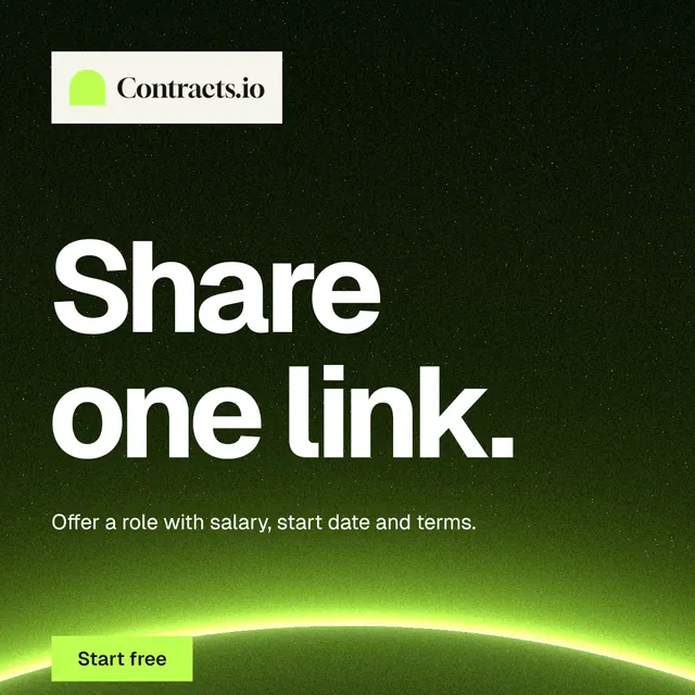 Instagram post for contracts.io: "Share one link." Swiss style, announce layout, dark palette in green, black.
