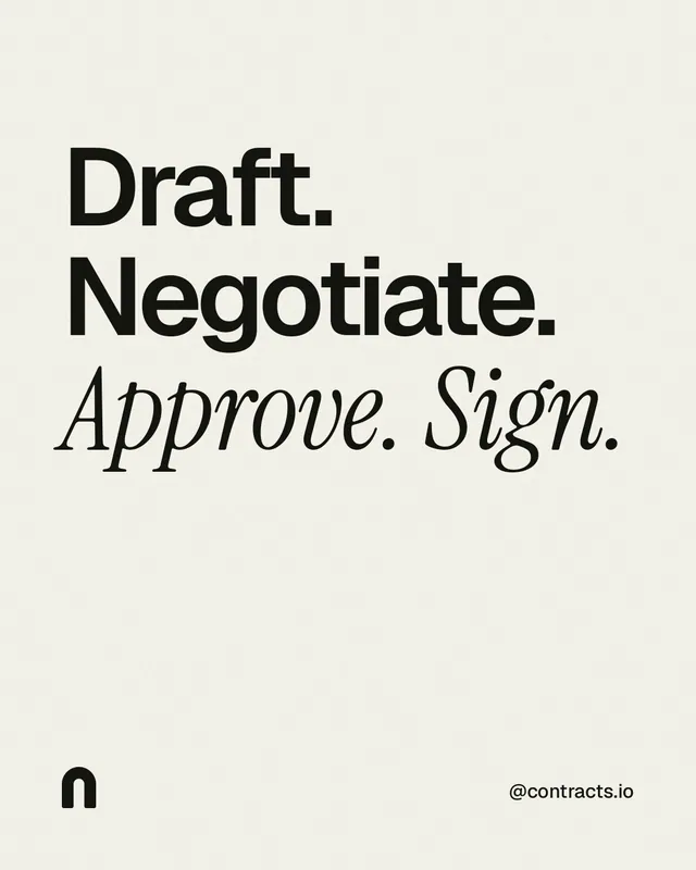 Instagram portrait post for contracts.io: "Draft. Negotiate. Approve. Sign." Editorial style, technique:mixed type lockup layout, light palette in white, grey.