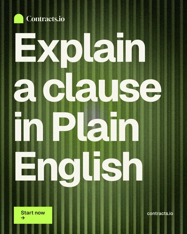 Instagram portrait post for contracts.io: "Explain a clause in Plain English". Swiss style, poster layout, dark palette in green, black.