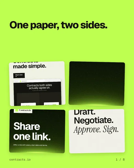 Carousel for contracts.io: "One paper, two sides.". Collection carousel, 8 slides, light palette.