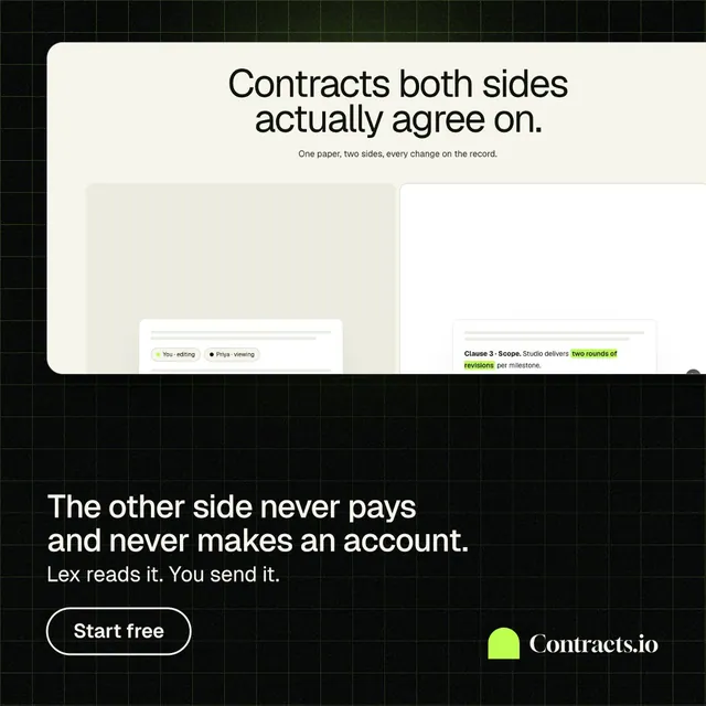 Instagram post for contracts.io: "The other side never pays and never makes an account." Phosphor atlas style, bottom layout, light palette in white, black, grey.