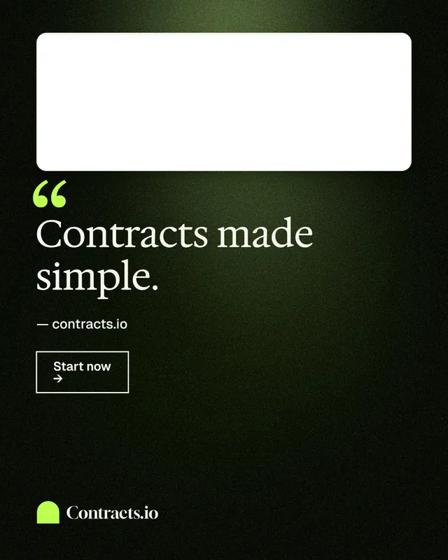Instagram portrait post for contracts.io: "Contracts made simple." Dark deco style, quote layout, dark palette in black, white, green.