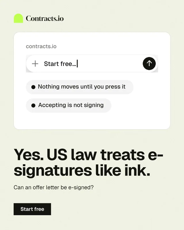 Instagram portrait post for contracts.io: "Yes. US law treats e-signatures like ink." Swiss style, bottom layout, light palette in white, grey.