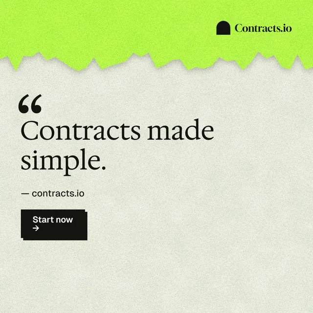 Instagram post for contracts.io: "Contracts made simple." Paper trio style, quote layout, light palette in green, grey.