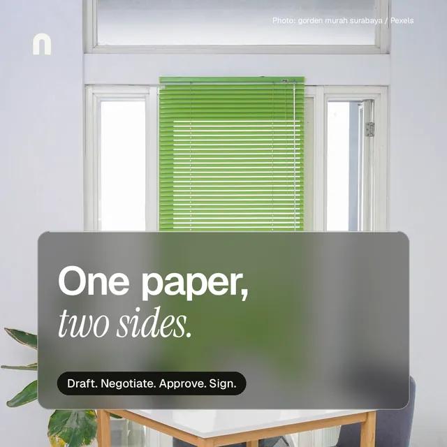 Instagram post for contracts.io: "One paper, two sides." Glass style, technique:pexels ingredient layout, light palette in white, grey.