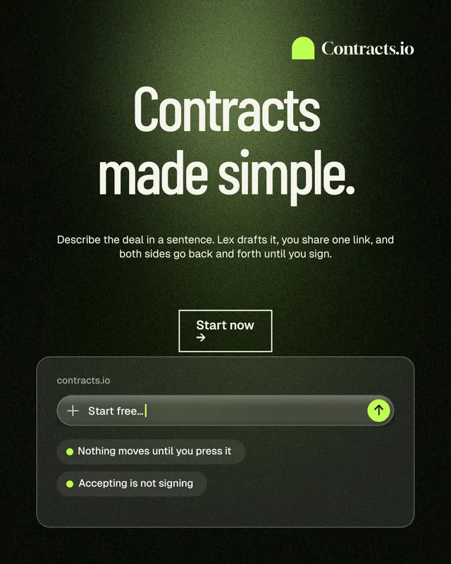 Instagram portrait post for contracts.io: "Contracts made simple." Dark deco style, centred layout, dark palette in black, green, grey.