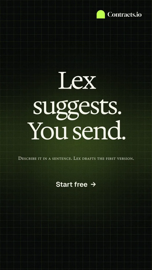 Instagram story for contracts.io: "Lex suggests. You send." Phosphor atlas style, smallcaps layout, dark palette in black, green, grey.