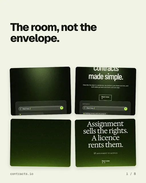 Carousel for contracts.io: "The room, not the envelope.". Collection carousel, 8 slides, light palette.