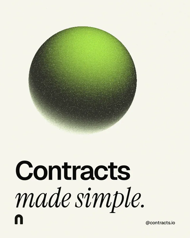 Instagram portrait post for contracts.io: "Contracts made simple." Auto 4x5 style, technique:shader field layout, light palette in white, grey.